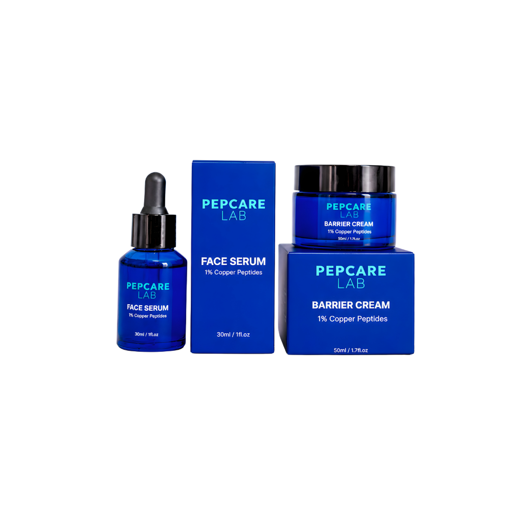 Pepcare Lab Face Duo with serum bottle, moisturiser jar and blue product boxes
