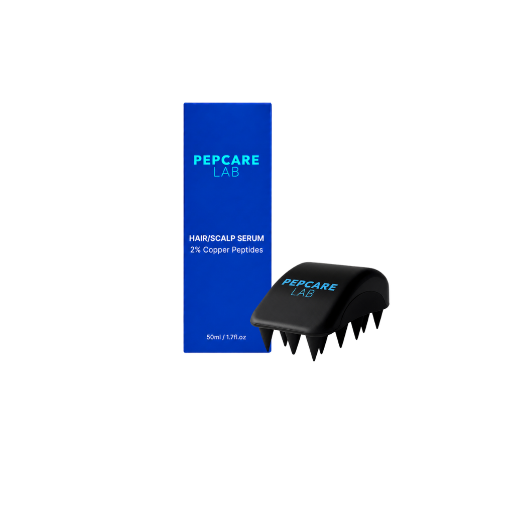 Pepcare Lab Hair and Scalp Duo with serum bottle, product box and scalp brush