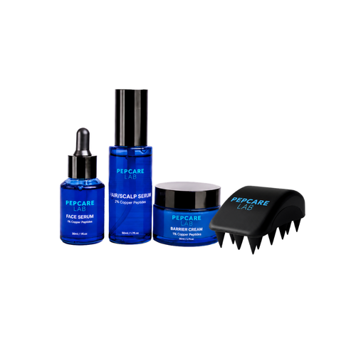 Pepcare Lab copper peptide skincare and haircare bundle with three treatments and a scalp brush