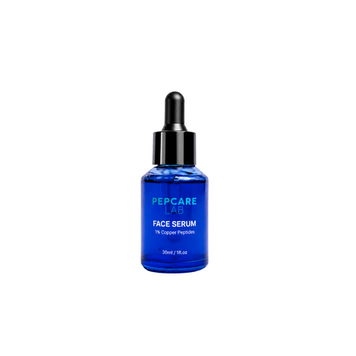 Pepcare Lab Face Serum with 1% copper peptides in a 30 mL blue dropper bottle