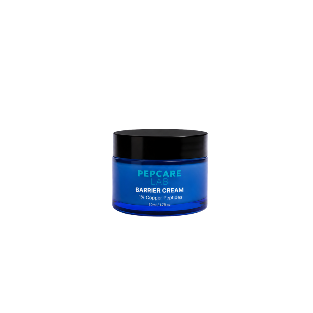 Pepcare Lab Barrier Cream with 1% copper peptides in a 50 mL blue jar